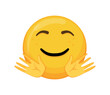 © Marina - Friendly yellow cartoon emoji smiling with closed eyes and open hands offering a hug. Vector illustration of a warm welcoming facial expression isolated on white.