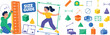 © Sanych - Measurement Size Guide playful flat vector banner scene with PURE WHITE BACKGROUND, two expressive stylized human characters measuring objects while interacting with one oversized ruler chart and one