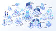 © craftsby.ib - Isometric ai engine and data processing workflow infographic illustration featuring cloud computing servers machine learning operations automation pipelines and digital analytics integration systems