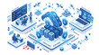 © craftsby.ib - Cloud computing infrastructure and cybersecurity network architecture diagram featuring data servers and secure digital protection systems in a minimalist isometric blue illustration design concept