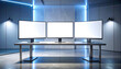 © ahmad - Three blank white computer monitors arranged on a modern desk in a minimalist room with blue LED lighting, ideal for displaying presentations or data visualization