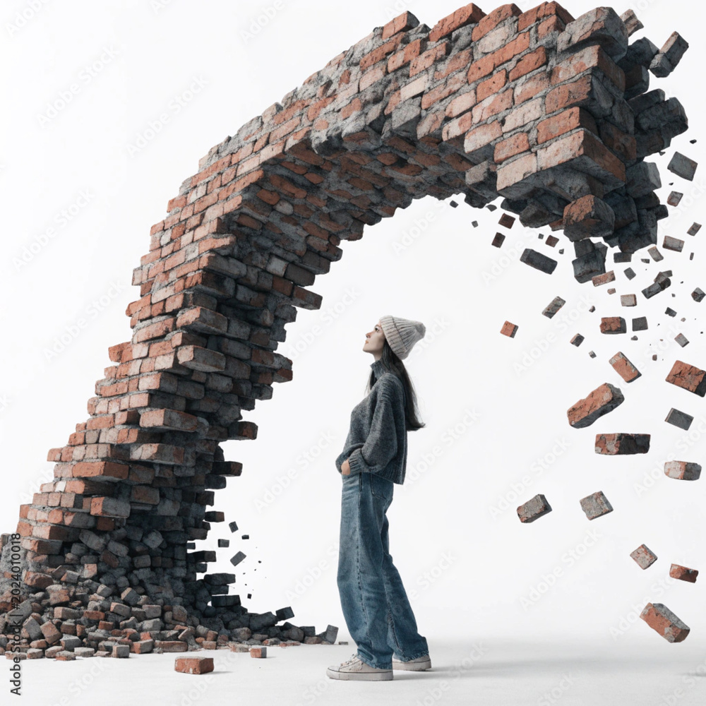 Woman stands near brick barrier, as concept of insurmountable obstacle ...