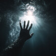© Kunut - A hand reaching out from darkness with radiant light shining through water bubbles creating dramatic underwater scene