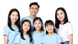 © CrazyJuke - Happy Family Portrait: A joyful Asian family of six, including parents and three daughters, poses for a photograph with warm smiles, embodying love and togetherness.