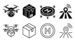 © PixelAura_Studio - Set of drone delivery icons, including quadcopter with parcel, cardboard box, helipad landing zone, and gps location pin, vector illustration