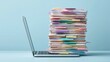 © 69 - Overwhelming stack of colorful paper documents with sticky notes piled high on open laptop computer on blue background representing work overload and organization challenge