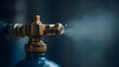 © pjjaruwan - Closeup compressed air tank valve spraying mist, brass fitting releasing fine aerosol with dramatic lighting and shallow depth of field