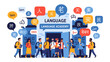 © Md - Language Academy Entrance: A vibrant scene depicts students entering a language academy, surrounded by speech bubbles in various languages, symbolizing global communication and learning.
