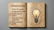 © hoc - Artistic open journal featuring calligraphy text about educational goals and a creative glowing lamp sketch on a minimalist neutral textured surface for conceptual brainstorming ideas.