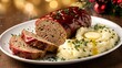© Alexandr Verniy - Meatloaf with glaze served with mashed potato on plate. Traditional homemade food on wooden table. Christmas holiday dinner with gravy and herb garnish. Savory festive comfort meal.