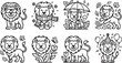 © Shalpeter - Set of cute lion characters featuring various seasonal activities and festive accessories captured in a clean black and white illustration