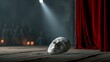 © Nataliia_Trushchenko - Single theater mask rests on wooden stage floor. Spotlight beams down, illuminating the mask. Red curtains hang to the right, slightly parted. Smoke drifts from unseen source near background