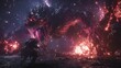 © Maksum Udod - A colossal monster confronts a fearless warrior in a vivid, fiery landscape full of glowing colors and fierce energy.