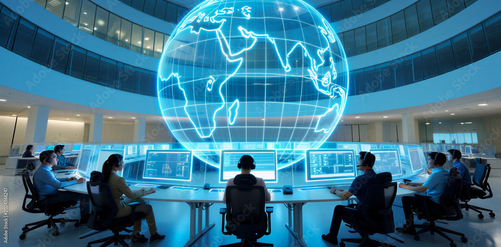 Professional team monitoring global data network visualization in ...