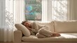 © kitti - Peaceful young woman sleeping on a sofa with a digital interface showing high relaxation level and calm breathing.