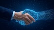 © Qreativity - Human hand shaking digital robotic hand made of glowing particles and circuits on dark blue background