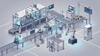 © Uci Sela - Isometric factory automation line with robotic arms and conveyor belts
