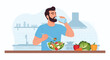 © Bisma - Vector illustration of a bearded man in a blue t-shirt eating a fresh vegetable salad with a fork and drinking water from a bottle in a modern kitchen with healthy organic ingredients.