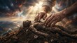 © Pixcellence - God shaping man from clay in biblical scene. Divine hands forming human body from earth. Creation of Adam, spiritual act of genesis reflecting faith, catholic belief and holy scripture.
