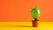 © oliver - Round cactus with yellow spines in terracotta pot, vivid orange and yellow background, minimalist composition highlighting contrast, resilience, and the striking beauty of desert flora.