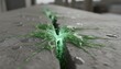 © sai - A vibrant green glowing substance emerges and spreads like a living organism from a deep crack in a wet textured concrete surface with water droplets