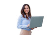 © PeopleVideos - Smiling young woman holding laptop, standing and working, presenting technology and digital lifestyle on transparent background