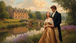 © Sofia - Regency era couple in gold dress and black tailcoat by english manor house at sunset. Historical romance lovers in front of river and bridge