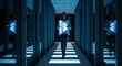 © Sutatik  - Mulher caminhando por um corredor futurista segurando um painel de imagens iluminado.
