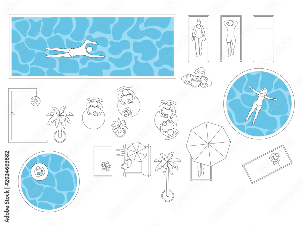 Pool Plan Top View Design Top view architectural drawing of swimming pool area with relaxing ...