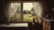 © Sergey - Cozy late 1980s countryside cottage interior, open window with flowing curtain, old wooden furniture, summer greenery outside, emotional peaceful