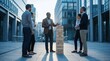 © Robert Garcia - Business professionals stand in a modern urban courtyard around a tall block tower, discussing strategy and risk while glass office buildings frame the scene in cool daylight.