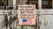 © Aurora Aesthetics - fourth of july 4 independence day auto repair shop closed sign mechanics grilling cardboard sign reading mechanics are grillin not fixin closed july 4 back july 5 for small business marketing