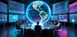 © Nizam - High-tech global control center with team monitoring digital earth hologram and data analytics on large screen displays technology hologram business monitoring cyberspace