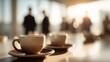 © timitinej - Coffee cups are placed on a conference table in a bright office. In the background, blurred figures of business people are engaged in discussion during a coffee break