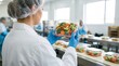 © Olga Ко - Visão por cima do ombro de uma inspetora de controle de qualidade em uniforme estéril inspecionando uma embalagem de vegetais frescos em uma moderna fábrica de alimentos.