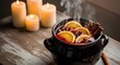 © Sayfar - A steaming pot of mulled wine with orange slices, star anise, and cinnamon sticks sits among glowing candles for a cozy winter atmosphere, flavorful, tabletop, hygge