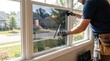 © Stitch - Professional worker using a squeegee to apply a protective tinting film on a home window