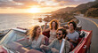 © For You Retouch - Group of happy young carefree friends laughing and cheering together during an outdoor party on a scenic coastal viewpoint at golden sunset, youth lifestyle concept