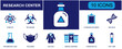 © Jessica - Research center icon set. Containing atom eye, bio hazard, clipboard document, DNA helix, Erlenmeyer flask, face mask, lab coat, poison bottle, test tube and more. Solid fill vector icons.
