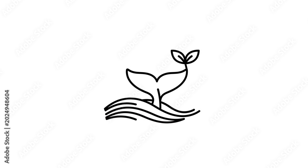 Whale tail and sprout emerging from waves, minimalist logo concept, eco ...