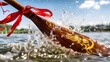 © XIN KONG - paddle. Dragon boat paddle cutting through water with red ribbon, dynamic action. event key visuals, club posters, designed for fitness apps and gym onboarding, boosts motivation.