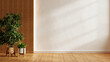 © Vanitjan - Empty white wall mockup with wooden slats and green potted plant on wood floor for interior design presentation- 3D rendering