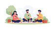 © GedhangKlutuk - Three friends enjoying a picnic in the park together. EPS Editable. Vector Illustrations.