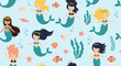© MD - Seamless pattern featuring various cute mermaid characters swimming underwater with fish, seashells, and seaweed elements.