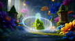 © Creative Workshop - Green insect inside a magical energy ring in a vibrant enchanted garden. Whimsical setting with colorful flowers and mystical fog. Fantasy nature concept for fairytale and creative storytelling.