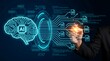 © emwe studio - Businessman drawing artificial intelligence brain hologram connecting to digital document files symbolizing automated machine learning data processing and futuristic document management