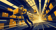 © LOUISE CLAIRE GIRARD - Delivery worker carrying cardboard box while running through a warehouse aisle. Stylized illustration showing fast motion in a distribution center. Logistics and e-commerce shipping concept.
