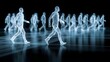 © Kanomaoi - Futuristic digital wireframe human figures walking on reflective dark surface