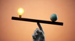 © MURPHY AOIFE GRACE - A hand balancing a beam with a glowing light bulb and a heavy sphere. Conceptual representation of weighing an idea against reality. Ideal for business strategy and innovation marketing materials.
