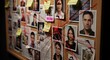 © Nazlykhan - Detective board with photos connected by red string. Investigation wall with evidence, note, and suspect face portrait. Criminal case analysis by policeman or investigator for crime drama.